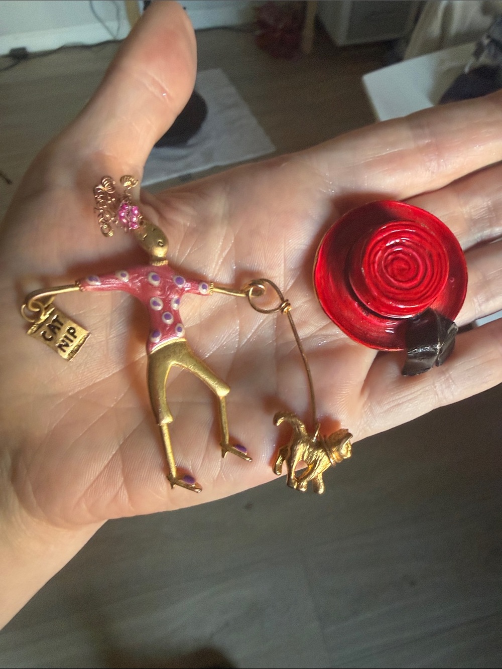 Whimsical Gold Figurine Brooch with Red Enamel Hat brooch - Original by Robert &